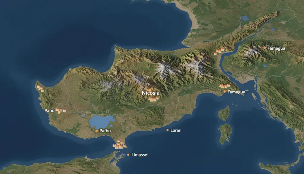 explorez chypre grâce à notre carte détaillée et découvrez ses principales villes et attractions en un clin d'œil. parfait pour préparer votre voyage ou satisfaire votre curiosité.